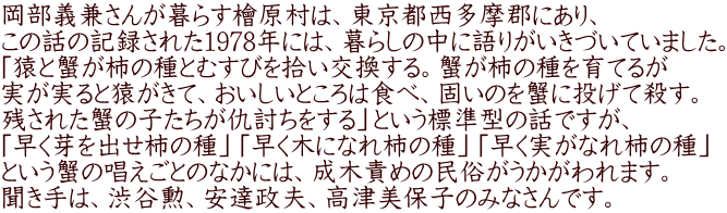 岡部義兼さんが暮らす檜原村は、東京都西多摩郡にあり、 この話の記録された1978年には、暮らしの中に語りがいきづいていました。 「猿と蟹が柿の種とむすびを拾い交換する。蟹が柿の種を育てるが 実が実ると猿がきて、おいしいところは食べ、固いのを蟹に投げて殺す。 残された蟹の子たちが仇討ちをする」という標準型の話ですが、 「早く芽を出せ柿の種」「早く木になれ柿の種」「早く実がなれ柿の種」 という蟹の唱えごとのなかには、成木責めの民俗がうかがわれます。 聞き手は、渋谷勲、安達政夫、高津美保子のみなさんです。