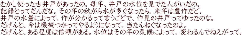 むかし使った古井戸があったの。毎年、井戸の水位を見でた人がいだの。 記録とってだんだな。その年の秋がら水が多ぐなったら、来年は豊作だど。 井戸の水量によって、作が分かるって言うごどで、作見の井戸ってゆったのな。 だげんと、今は機械つかってやるようになって、当たんねぐなったのよ。 だげんと、ある程度は信頼がある。水位はその年の気候によって、変わるんでねえがって。