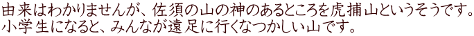 由来はわかりませんが、佐須の山の神のあるところを虎捕山というそうです。 小学生になると、みんなが遠足に行くなつかしい山です。